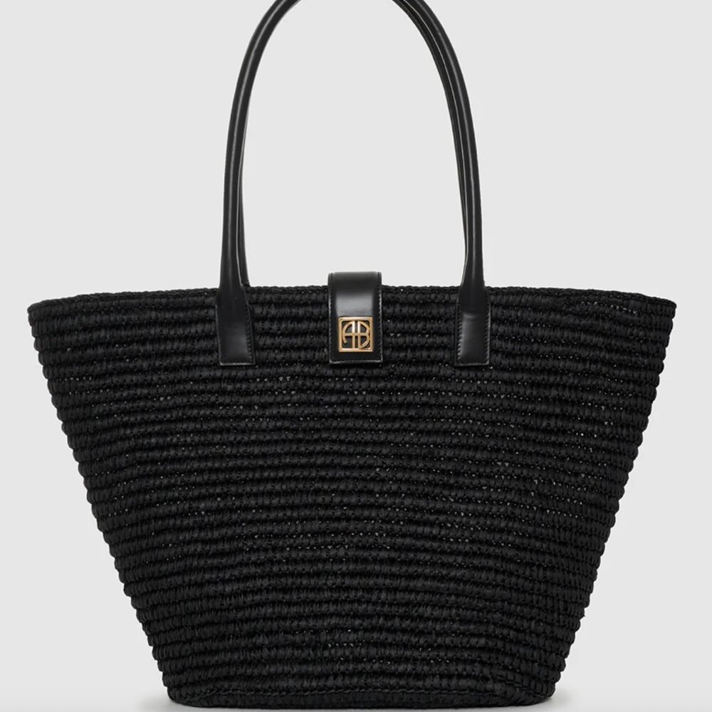 ❤️ NEW ANINE BING LOU STRAW SEAGRASS & LEATHER LARGE BLACK MONOGRAM TOTE BAG